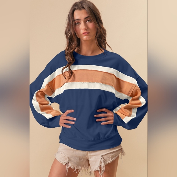 BiBi French Terry Color Block Cut Edge Detail Sweatshirt - Picture 1 of 4